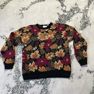 Mark Fore Strike Sweater Womens Size Large Black Floral Hand Knitted Colorful